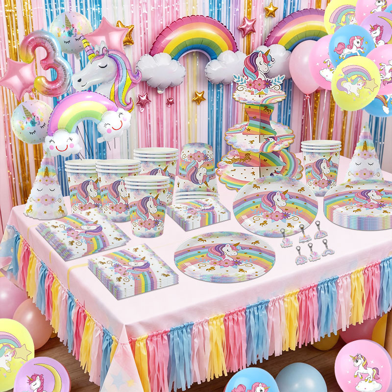 Table Cloth Disposable - Einhorn-Themen Geburtstags-Dekorations-Set Regenbogen Einweg-Geschirr Teller Becher