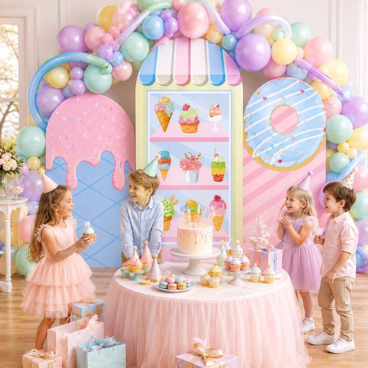 Dessert Table Backdrop - Maßgefertigter 2-seitiger Eiscreme-Party-Bogen-Hintergrundbezug Süßer Kinder-Geburtstags-Hintergrund Candyland